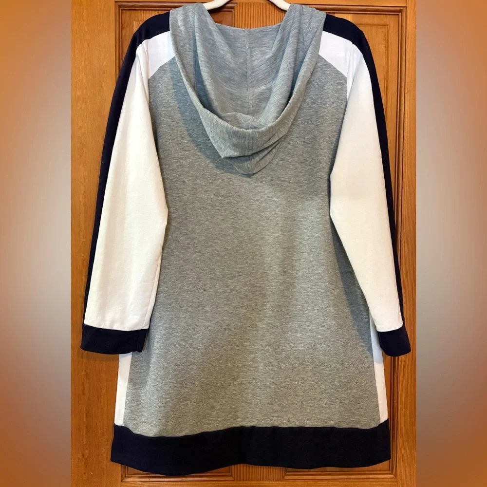 DKNY Color-Block Hooded Relaxed Shirt/Dress in Heather Gray, Blue & White  w Pkt - Picture 4 of 10